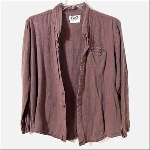 Flax Red / Blue Toned Button Down Long Sleeve Linen Shirt Mandarin Collar